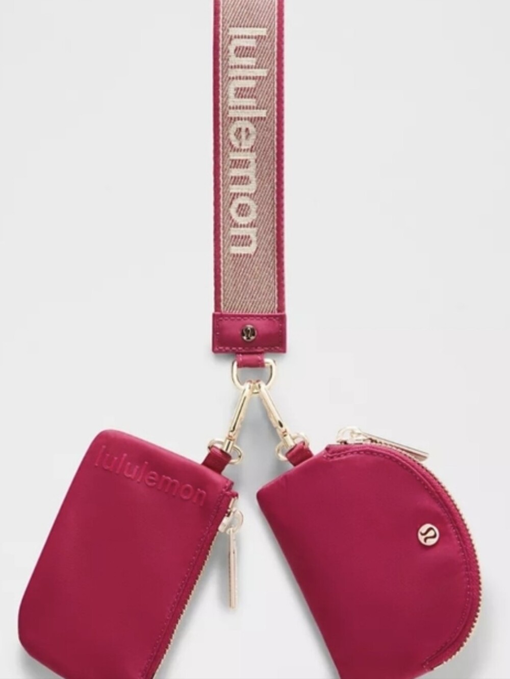 Lululemon Berry Rumble Pink Metallic Gold Wordmark Dual Pouch Wristlet Keychain - Picture 2 of 5